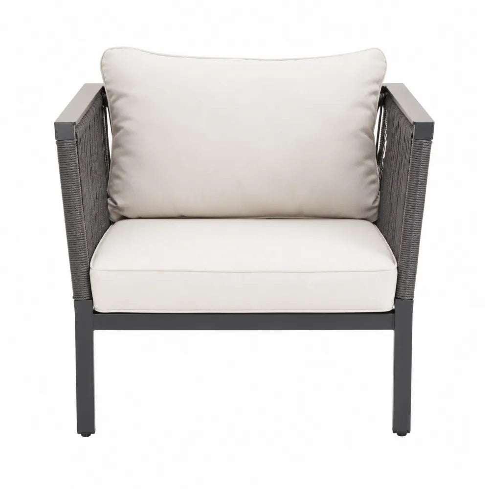 Fauteuil de jardin 78 x 76 x 80 cm aluminium thermolaqué anthracite corde polypropylène gris foncé coussins polyester écru avec accoudoirs