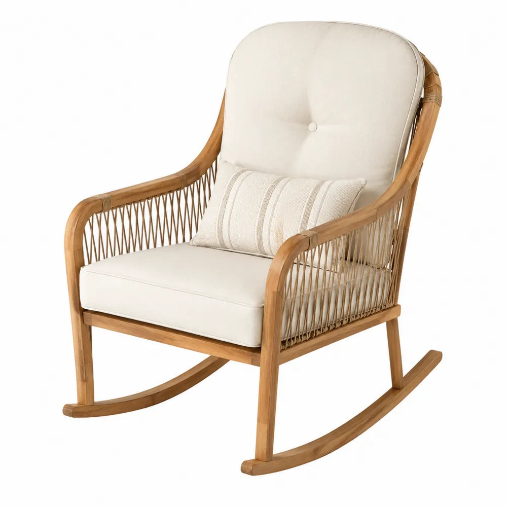 Fauteuil à bascule de jardin en bois d acacia et corde tressée avec coussins beige 70 cm x 85 cm x 88 cm