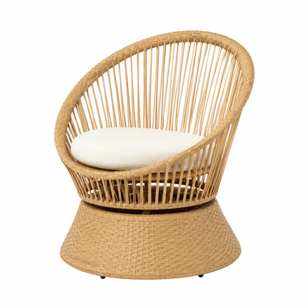Fauteuil de jardin en résine tressée avec base ronde et coussin beige 75 cm x 80 cm x 80 cm