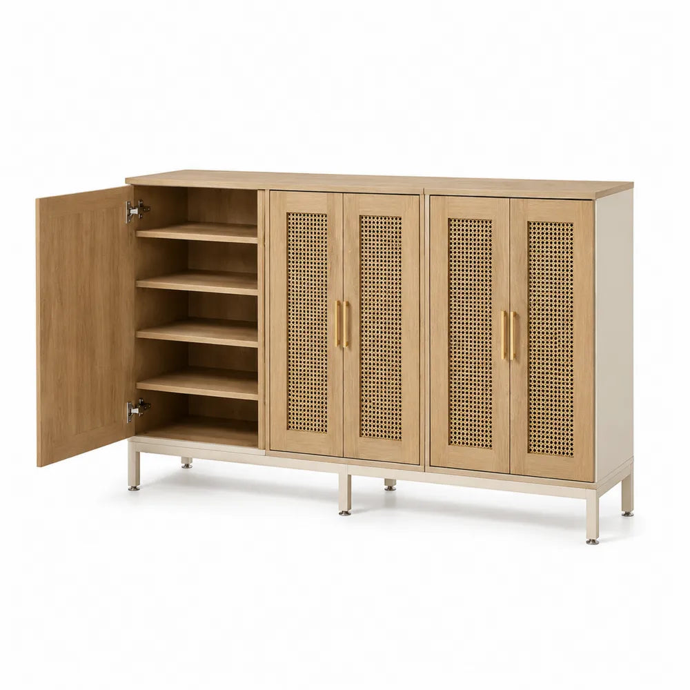 Buffet de rangement 5 portes MDF plaqué chêne et cannage rotin naturel 160 cm x 40 cm x 85 cm