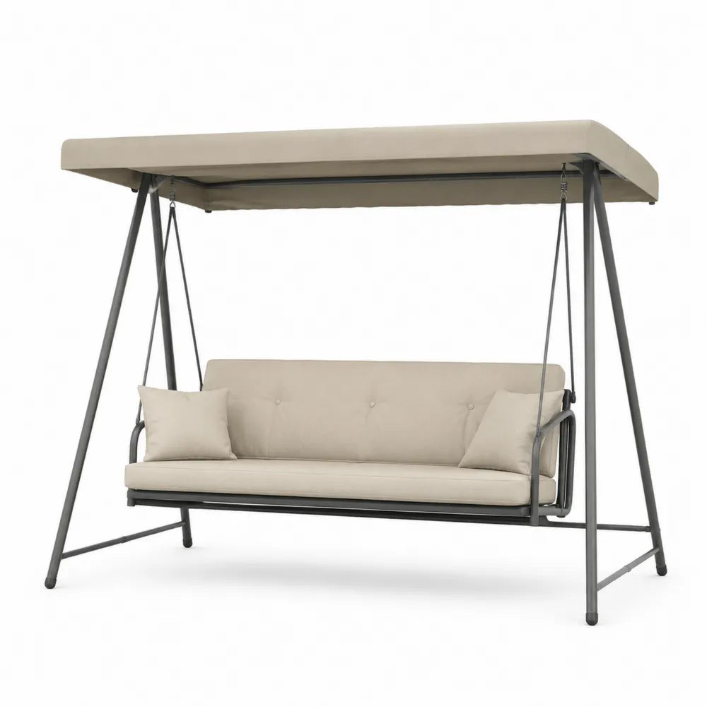 Balancelle de jardin 3 places 200 x 120 x 170 cm en acier thermolaqué anthracite avec toit polyester beige coussins amovibles forme rectangulaire