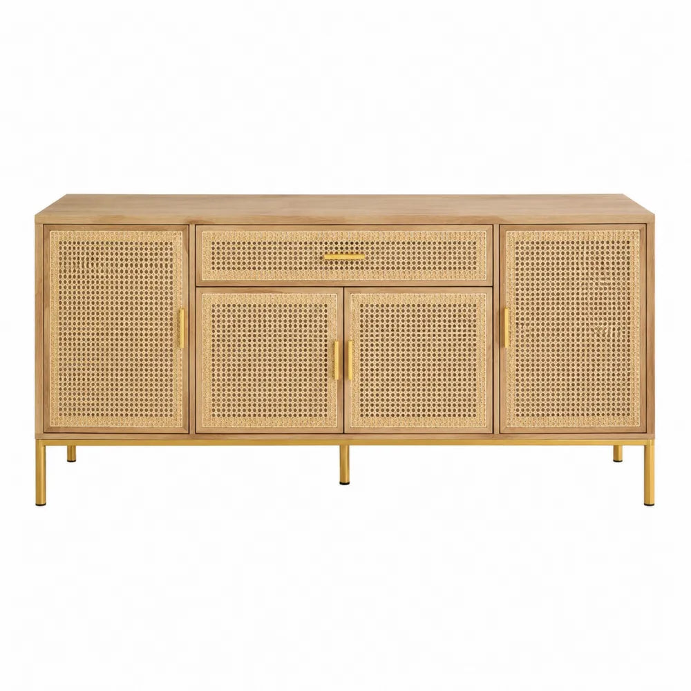 Buffet enfilade 160 x 40 x 75 cm 4 portes 1 tiroir MDF placage chêne cannage rotin naturel et métal doré