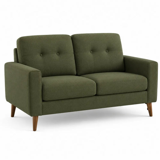 Canapé 2 places 145 x 78 x 82 cm polyester tissé vert olive bois d’hévéa massif pieds bois naturel