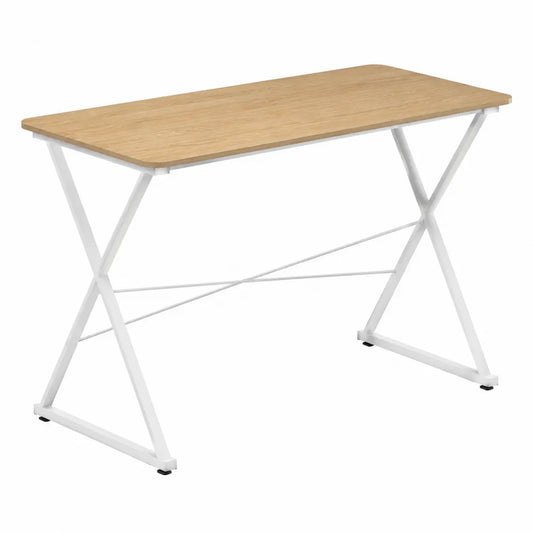 Bureau rectangulaire 120 x 60 x 75 cm plateau décor chêne clair pieds acier blanc structure en X