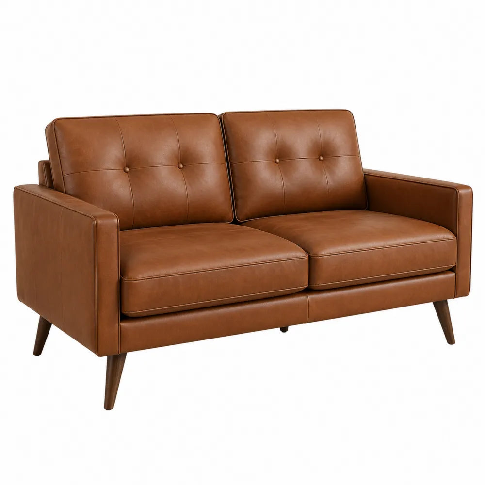 Canapé 2 places en simili cuir PU marron cognac pieds en hévéa massif 147 cm x 78 cm x 84 cm