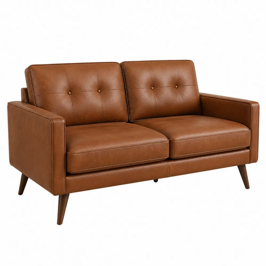 Canapé 2 places en simili cuir PU marron cognac pieds en hévéa massif 147 cm x 78 cm x 84 cm