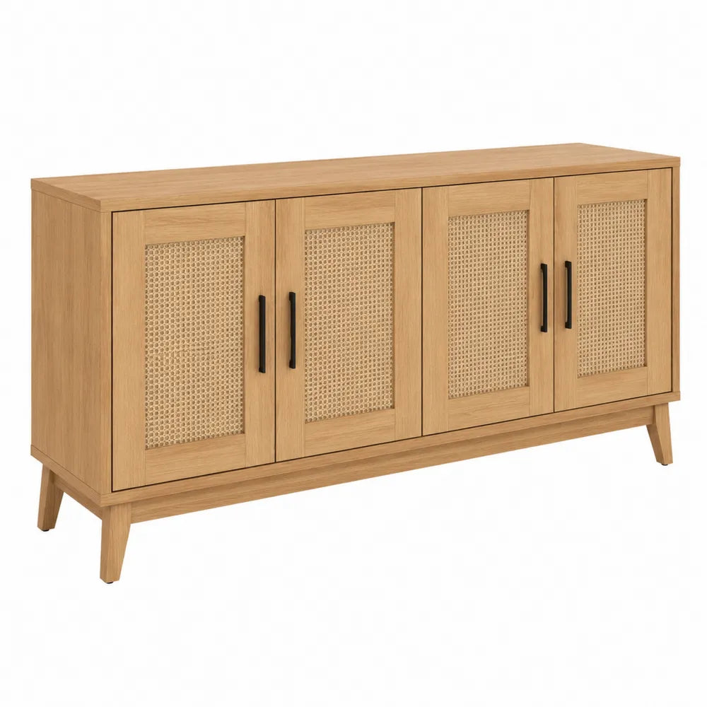 Buffet de salle à manger 160 cm x 40 cm x 80 cm 4 portes cannage rotin panneau mélaminé chêne clair