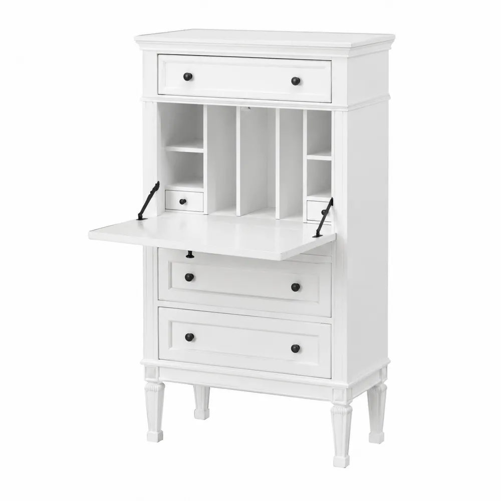 Bureau secrétaire avec abattant 80 x 40 x 140 cm en MDF peint blanc 5 tiroirs rangements niches et pieds bois blanc
