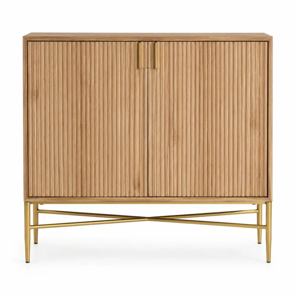 Meuble de rangement 2 portes 120 cm x 40 cm x 105 cm MDF rainuré placage chêne acier doré pieds métalliques croisés naturel