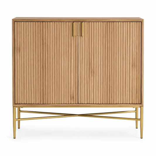 Meuble de rangement 2 portes 120 cm x 40 cm x 105 cm MDF rainuré placage chêne acier doré pieds métalliques croisés naturel