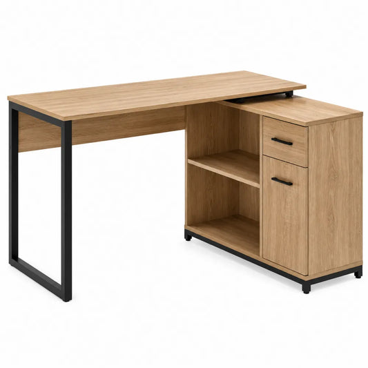 Bureau d’angle 140 x 120 x 75 cm avec rangement en MDF décor bois chêne clair et structure en acier noir