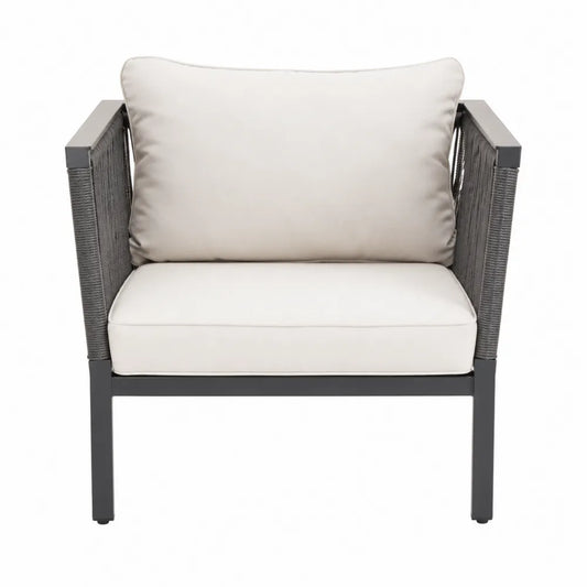 Fauteuil de jardin 78 x 76 x 80 cm aluminium thermolaqué anthracite corde polypropylène gris foncé coussins polyester écru avec accoudoirs