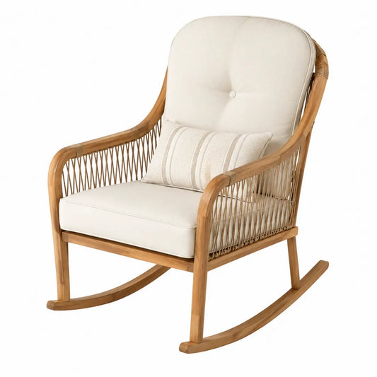 Fauteuil à bascule de jardin en bois d acacia et corde tressée avec coussins beige 70 cm x 85 cm x 88 cm