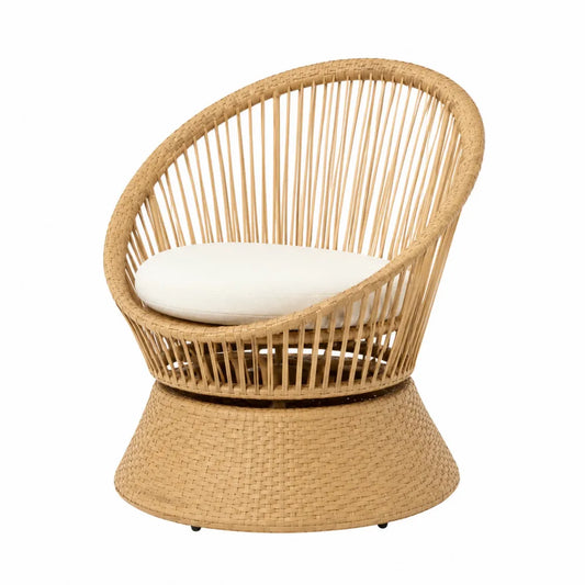 Fauteuil de jardin en résine tressée avec base ronde et coussin beige 75 cm x 80 cm x 80 cm