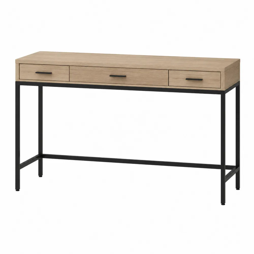 Bureau console avec 3 tiroirs plateau bois et structure métal noir