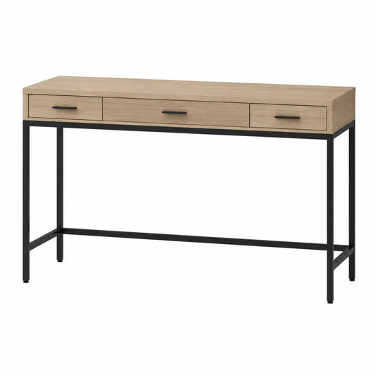 Bureau console avec 3 tiroirs plateau bois et structure métal noir