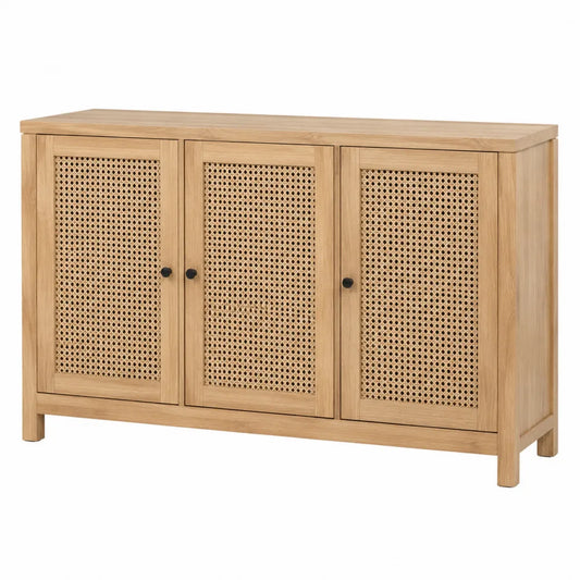 Buffet bas 3 portes cannage rotin chêne naturel MDF plaqué 120 cm x 40 cm x 78 cm