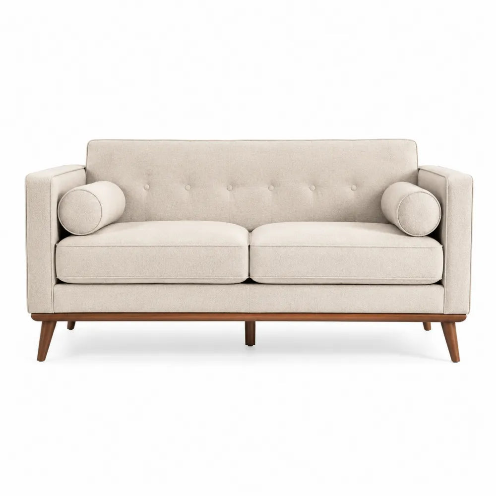 Canapé 2 places 170 x 83 x 82 cm polyester tissé beige bois de chêne massif accoudoirs bois avec coussins cylindriques