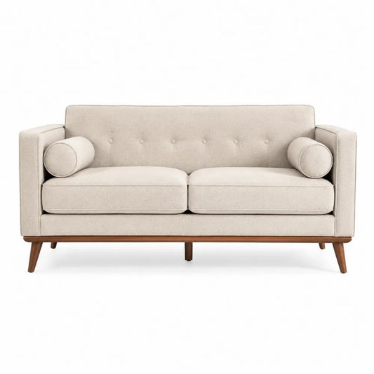 Canapé 2 places 170 x 83 x 82 cm polyester tissé beige bois de chêne massif accoudoirs bois avec coussins cylindriques