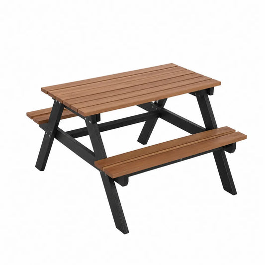 Table de pique-nique en acacia massif et acier thermolaqué noir avec 2 bancs intégrés brun 120 cm x 128 cm x 72 cm