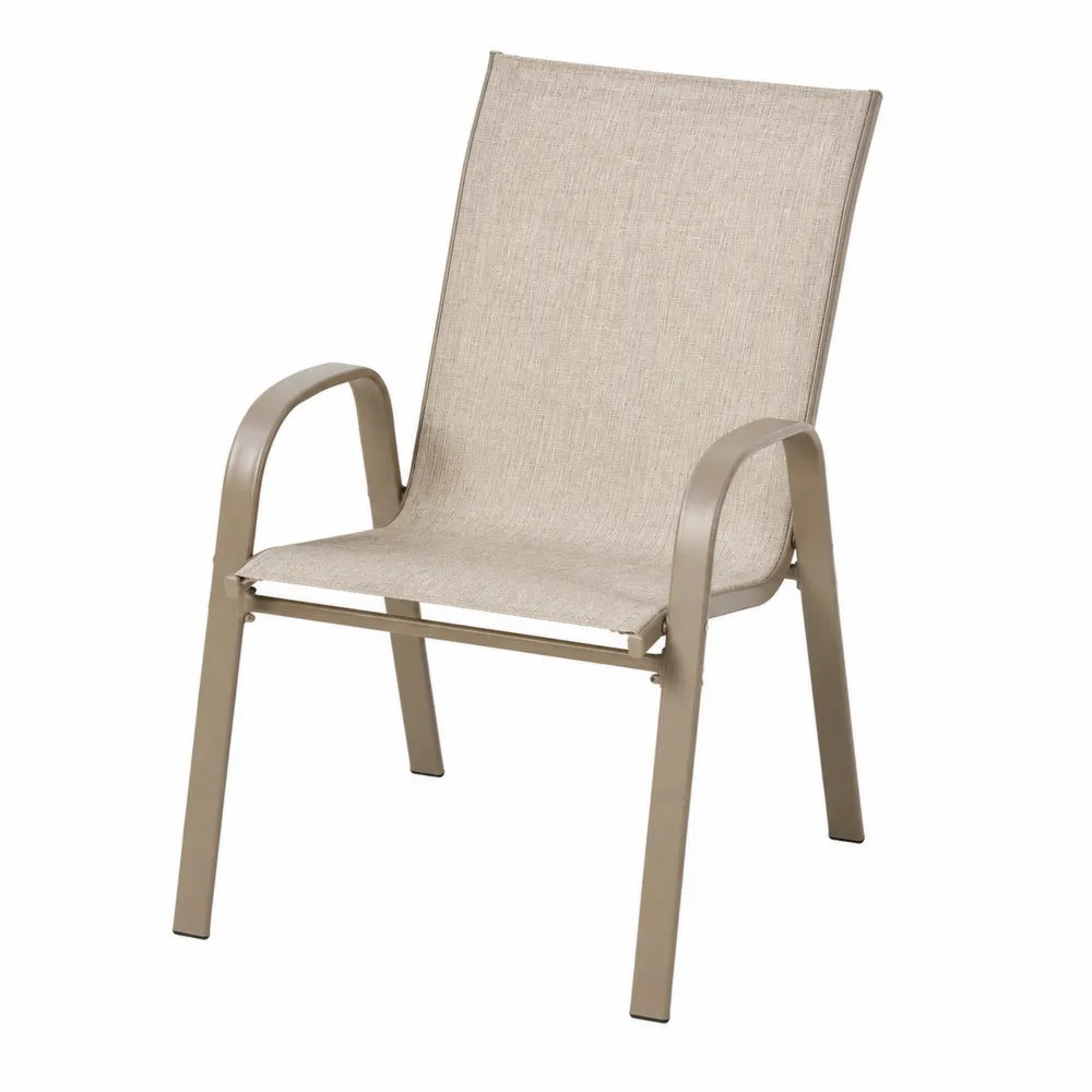 Chaise de jardin empilable avec accoudoirs en aluminium thermolaqué taupe et assise textile beige 62 x 72 x 96 cm