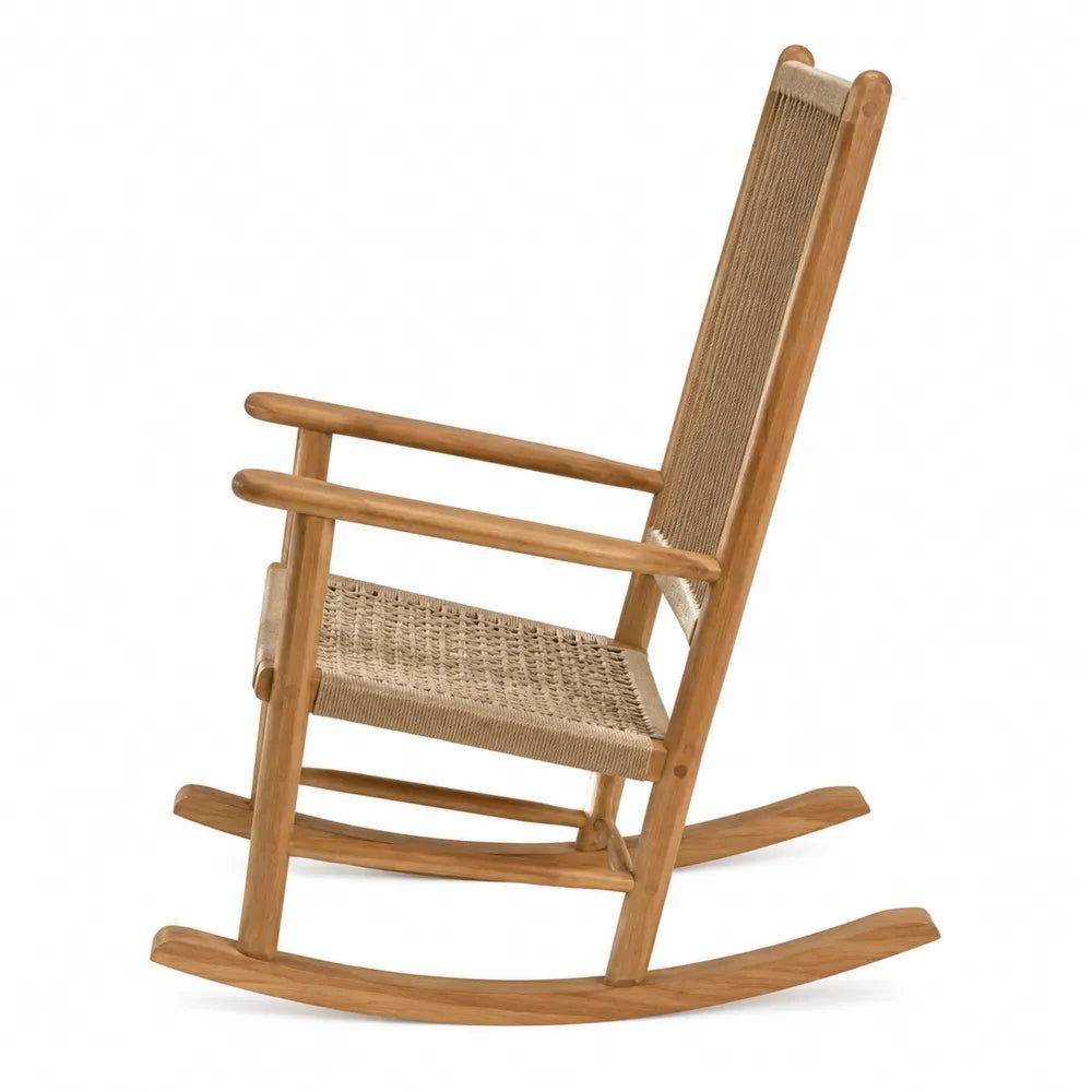 Fauteuil à bascule de jardin en bois d'acacia et corde PP tressée marron clair beige 101 x 65 x 112 cm