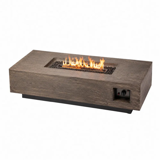 Table brasero au gaz rectangulaire en béton MGO aspect bois gris brun avec brûleur en acier inoxydable et base en acier noir 107 cm x 56 cm x 33 cm