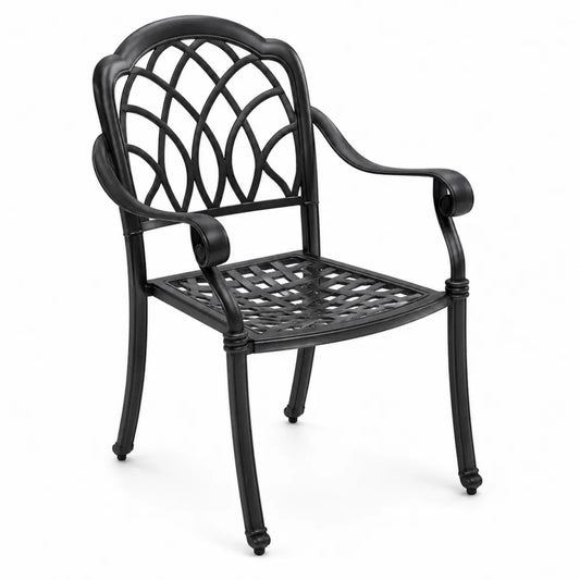 Chaise de jardin en aluminium moulé 62 x 60 x 93 cm noire avec accoudoirs et dossier ajouré