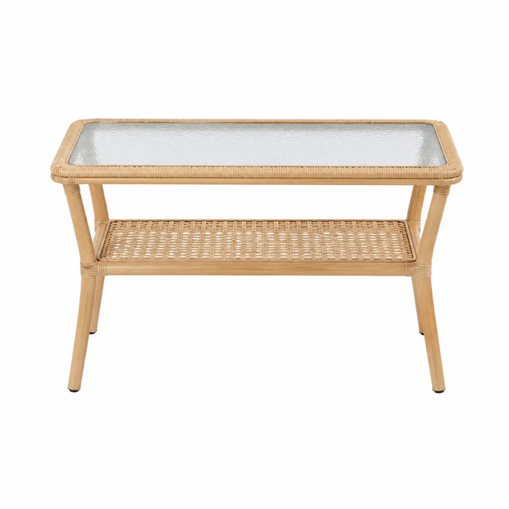 Table basse d extérieur rectangulaire en rotin synthétique PE avec plateau en verre trempé transparent naturel 100 cm x 50 cm x 55 cm