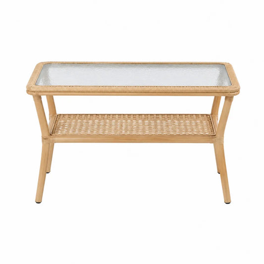 Table basse d extérieur rectangulaire en rotin synthétique PE avec plateau en verre trempé transparent naturel 100 cm x 50 cm x 55 cm