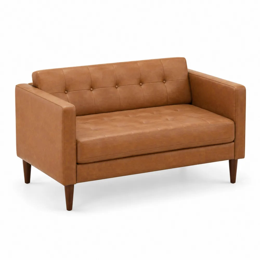 Canapé 2 places 150 cm x 78 cm x 80 cm revêtement similicuir marron cognac pieds bois massif dossier capitonné