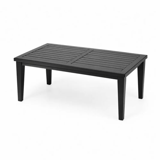 Table basse d extérieur rectangulaire en aluminium thermolaqué noir plateau à lattes 110 cm x 60 cm x 45 cm