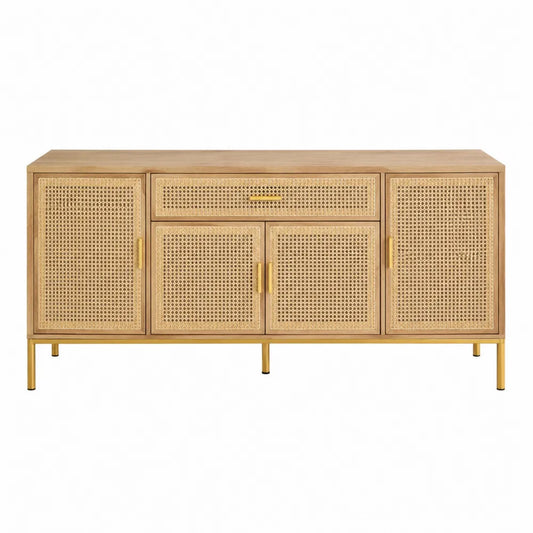 Buffet enfilade 160 x 40 x 75 cm 4 portes 1 tiroir MDF placage chêne cannage rotin naturel et métal doré