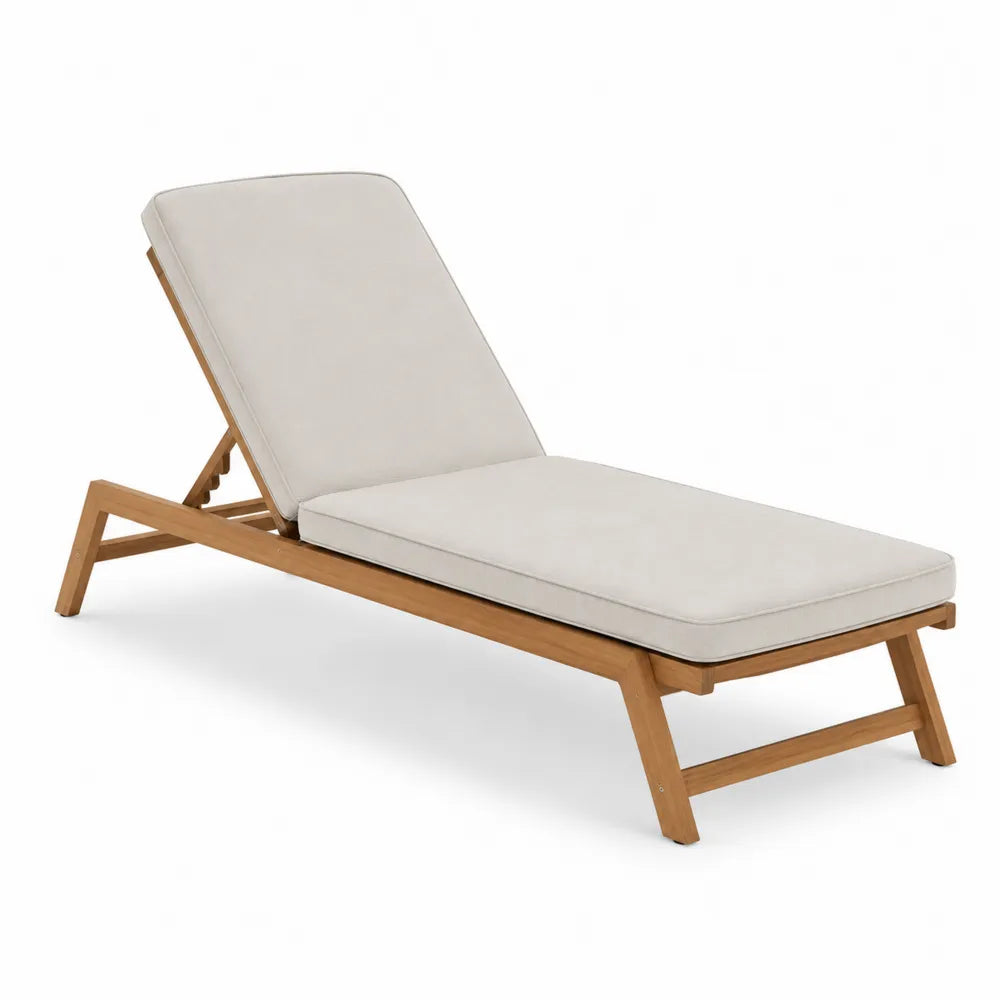 Bain de soleil de jardin rectangulaire en bois d'acacia massif avec coussin écru dossier inclinable 200 x 72 x 86 cm