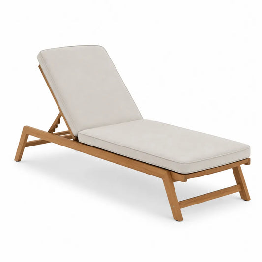 Bain de soleil de jardin rectangulaire en bois d'acacia massif avec coussin écru dossier inclinable 200 x 72 x 86 cm