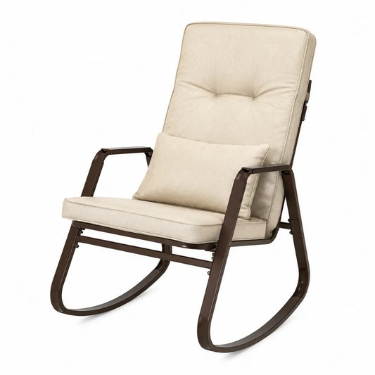Fauteuil à bascule de jardin à dossier haut 72 x 92 x 108 cm en acier thermolaqué brun foncé avec coussins polyester beige