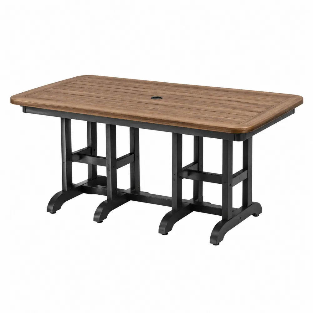 Table d extérieur rectangulaire en bois d acacia massif et acier thermolaqué noir avec trou pour parasol 180 cm x 100 cm x 75 cm