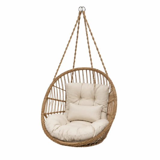 Fauteuil suspendu de jardin en rotin synthétique polyéthylène tressé naturel avec coussins beige 92 x 76 x 120 cm