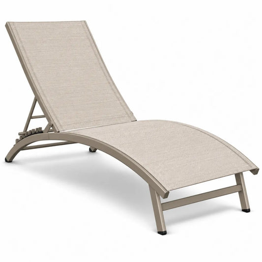 Bain de soleil de jardin réglable 195 x 65 x 93 cm en textilène beige et aluminium thermolaqué taupe sans accoudoirs
